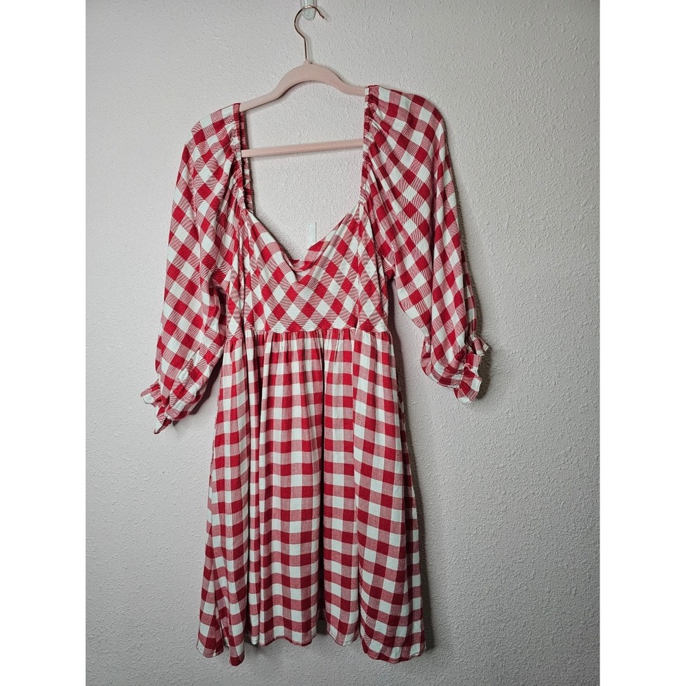 Pink Lily Red White Gingham Puff Sleeve Babydoll Mini Dress with Pockets 2XL